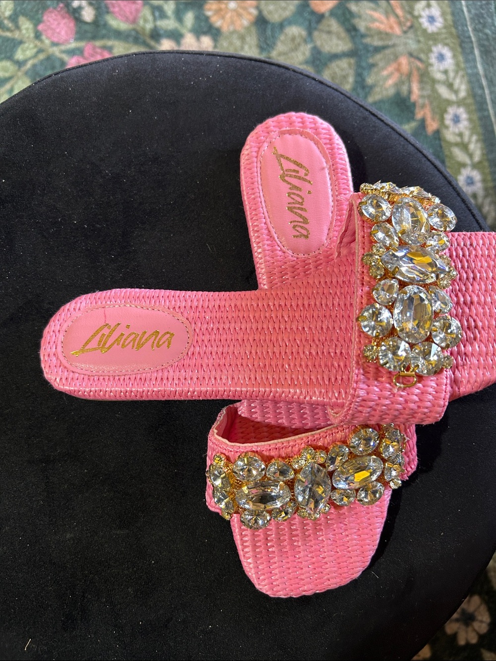 Liliana Hot Pink Jeweled Woven Slide Sandals - Picture 3 of 5